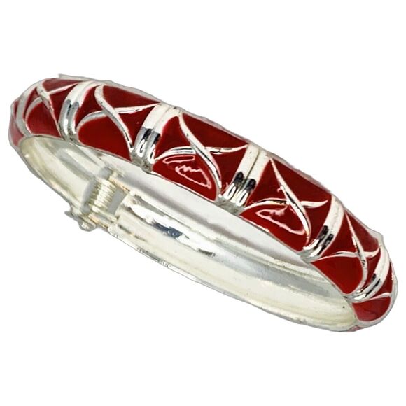 Vintage Red Silver Tone Bangle Bracelet 7.5" Hinged Nautical Formal Christmas - Picture 4 of 10